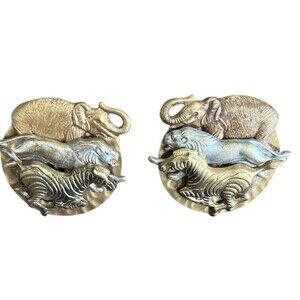 Vintage Tritone Animal Earrings Pierced Elephant Lion Zebra 1-1/2"